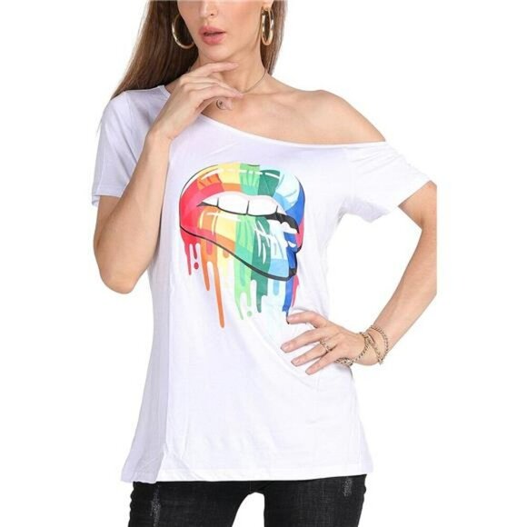 Womens Plus Size Lips Print Off Shoulder T Shirt Casual Summer Top Short Sleeve - Picture 6 of 8